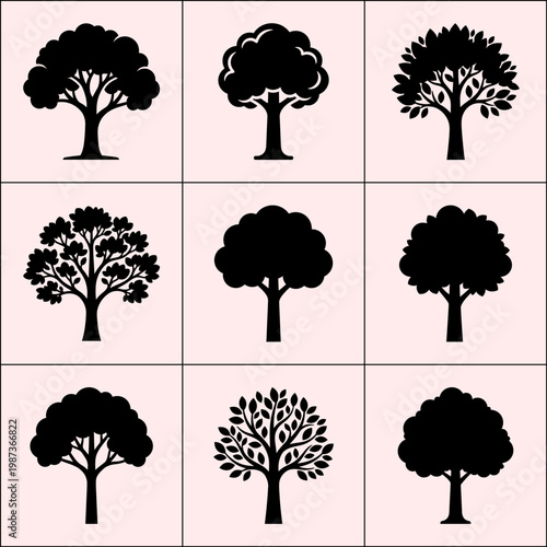 Nine unique tree silhouettes ranging from rounded crowns to detailed branching arranged in a structured grid on soft pink