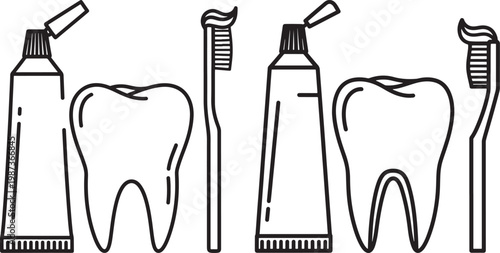 Toothbrush and toothpaste with teeth icons dental hygiene toothbrush toothpaste illustration treatment collection personal prevention cleaning background minimalist
