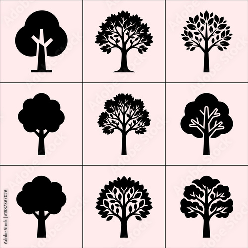 Assorted tree silhouettes in black featuring abstract and detailed styles with leaf variations and white accents on pink