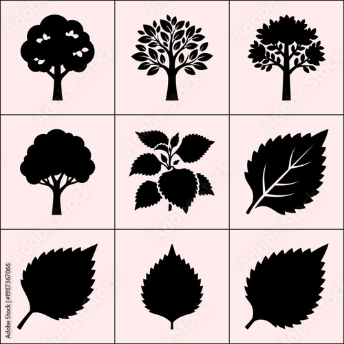 Digital grid of nine bold tree and leaf silhouettes with intricate textures and varied edges on a soft pastel background