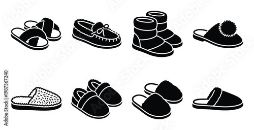Set of black and white silhouettes of various slippers and moccasins for home wear