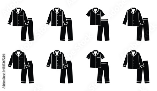 Set of black and white silhouettes of various pajama sets with long and short sleeves