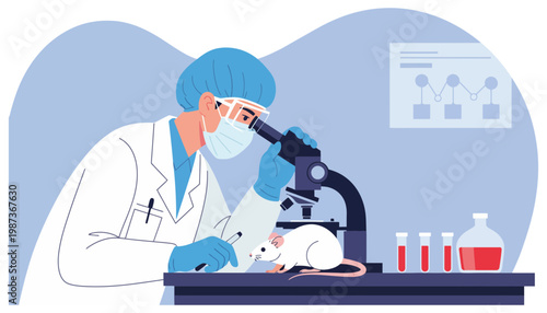 Scientist in lab coat examining a white mouse under a microscope