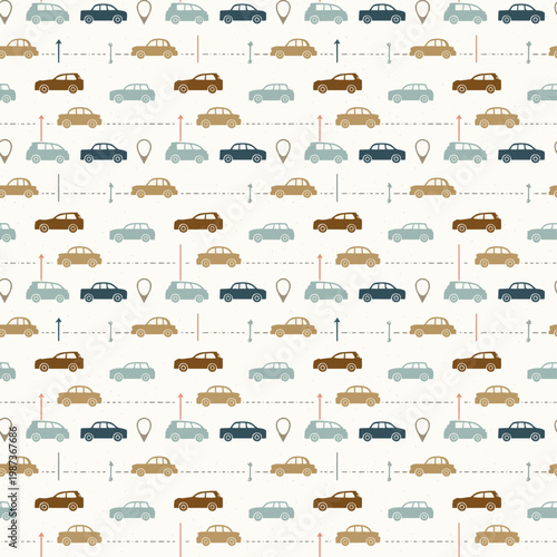  Patrón sin costuras con coches en estilo clásico distribuidos uniformemente.
