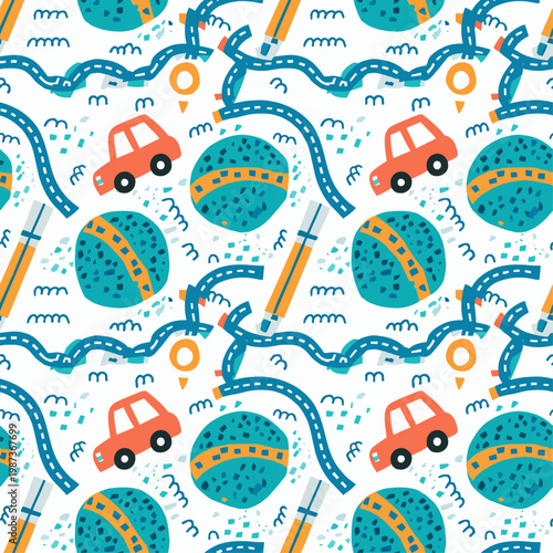  Patrón sin costuras con coches pequeños, señales y caminos en estilo divertido.
