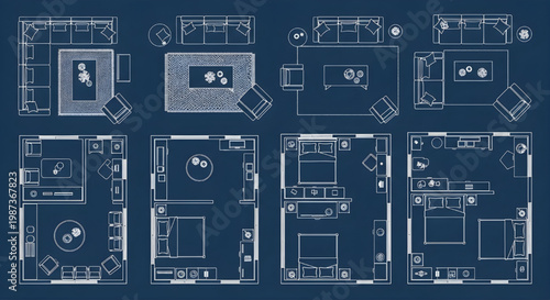 Living Room Furniture Top View Blueprint Vector – Bed Sofa Cushion Layout AutoCAD Plan White Outline on Dark Blue Background
