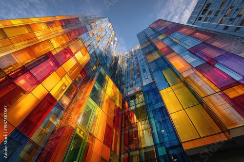 Modern glass building facade with vibrant colorful panels