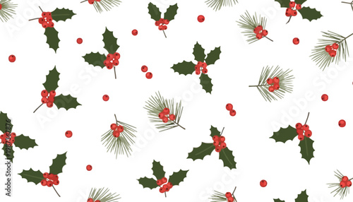 Holly seamless pattern with red berries and pine needles on white background