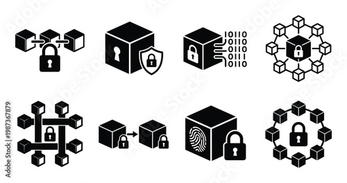 Set of black blockchain security icons for data protection and encrypted networks