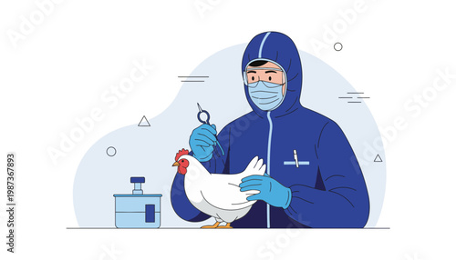 Veterinarian in protective gear examining a white chicken in a clinic