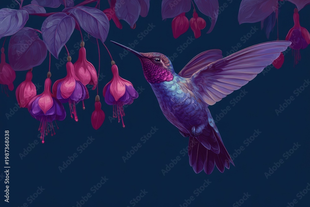 Naklejka premium A hummingbird sips nectar from vibrant purple fuchsia blossoms