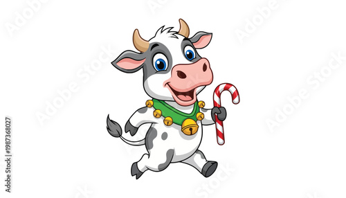A cartoon cow illustration holding a candy cane and wearing bells
