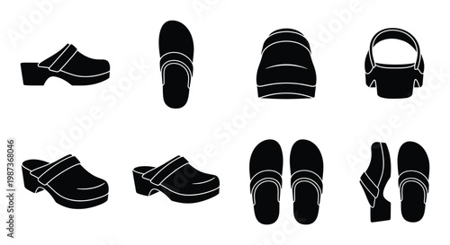 Set of clogs icon vector illustration. black silhouette of comfort footwear for summer isolated