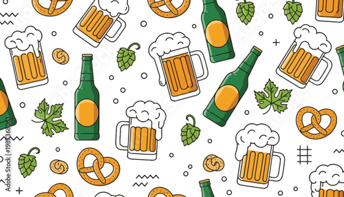 A beer bottle and mug seamless pattern with pretzels and hops illustration