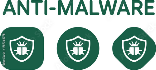 Anti-malware security icons set with shield and bug symbols for cybersecurity and antivirus protection