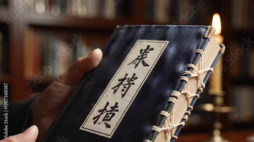 Close-up of Hands Holding Ancient Traditional Oriental Herbal Medicine Book
