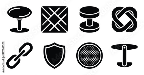 Set of eight black cufflink and chain icons with various shapes and designs on transparent background