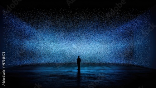 Solitary figure immersed in a vast, luminous, blue particle display
