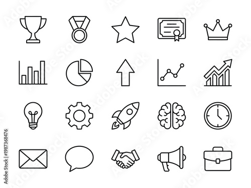 Business success and achievement line icons for performance tracking leadership and marketing communication with business achievement certificate progress analytics performance leadership