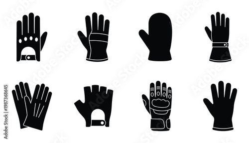 Set of various gloves and mittens isolated on transparent background in black silhouettes vector