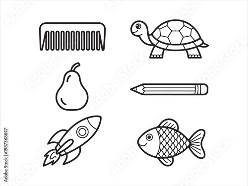 Set of Hand Drawn Outline Icons, Comb Turtle Pear Pencil Rocket Fish Line Art Illustration