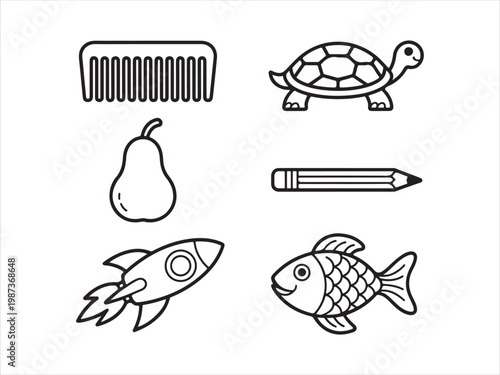 Set of Hand Drawn Outline Icons, Comb Turtle Pear Pencil Rocket Fish Line Art Illustration
