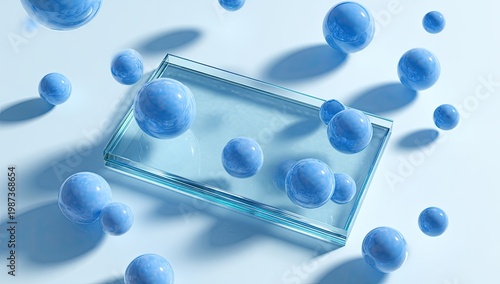 Spheres of cool blue light float around a clear geometric glass slab