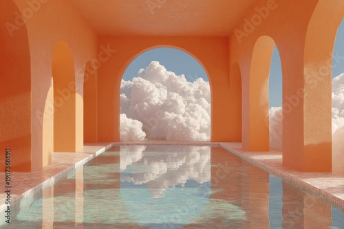 Surreal arcade with pool reflecting fluffy clouds and sky