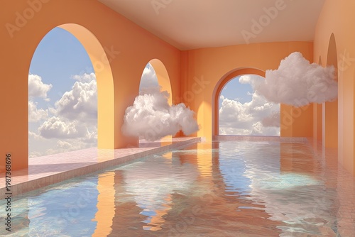 Ethereal architectural space with arched openings filled with clouds and sky