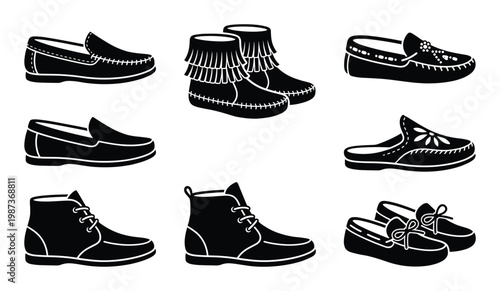 Set of various traditional and casual footwear styles black silhouette vector illustration