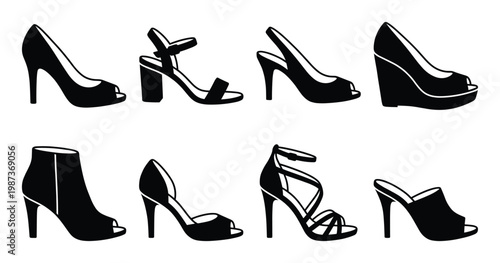 Silhouette set of various women high heels including sandals and ankle boots with different heights