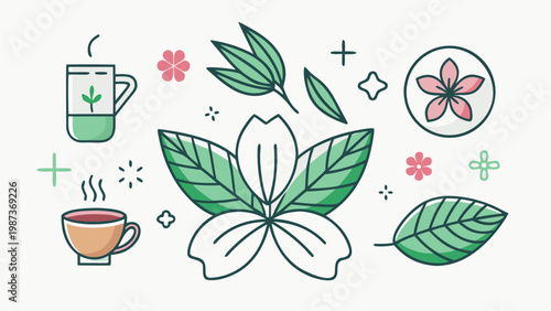 Stylized illustration featuring tea cups flowers and botanical leaf elements