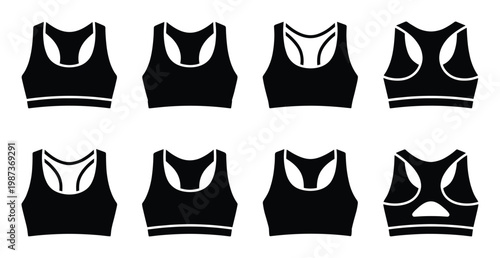 Sports bra icons collection with different racerback designs for activewear and fitness marketing