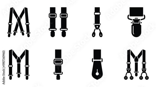 Suspender belt icon set featuring various clip styles and harness designs for fashion accessories