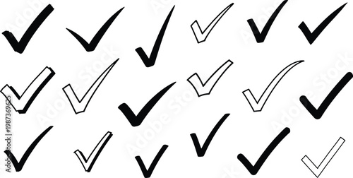 Collection of hand drawn check mark symbols on white