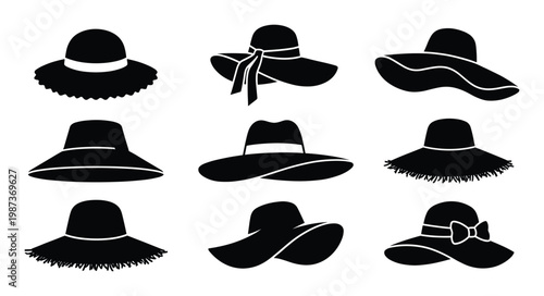Women sun hat silhouette set elegant wide brim headwear vector design on transparent background art
