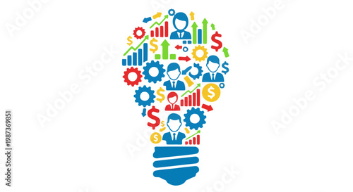flat vector lightbulb with business icons and symbols