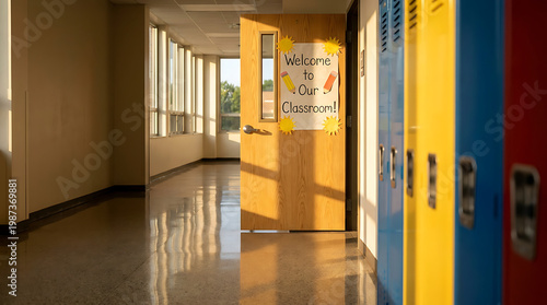 Bright school hallway featuring a wooden classroom door with a colorful welcome sign and rows of primary colored lockers under soft sunlight. Realistic interior photography with natural lighting.