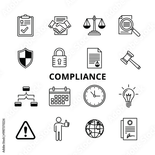 Collection of compliance line icons representing legal standards, business regulations, and corporate security and auditing processes.