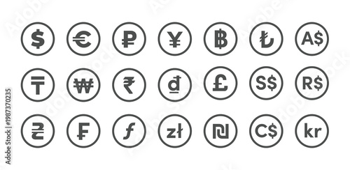World currency icons set. Simple euro, dollar, pound, franc, ruble, yen, rupee, yuan, won, lira and other currencies signs. Vector money symbols collection for web, apps, design