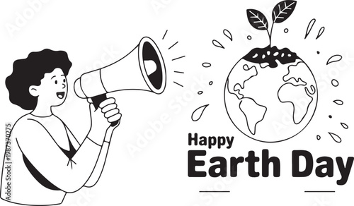 A happy person using a megaphone to celebrate earth day with a planet and plant