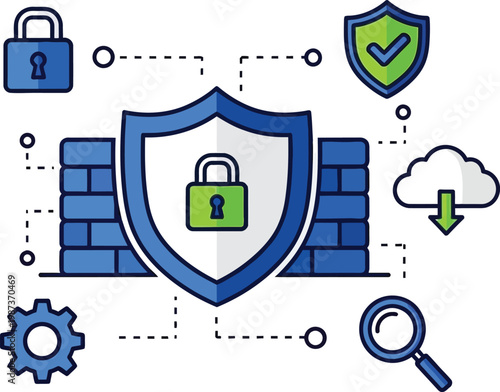 Digital Security and Network Protection Concept - Firewall, Shield, Lock, Cloud Data