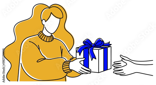 Female customer service representative giving present to customer appreciation and gratitude gesture, kindness, holiday celebration, thoughtful interaction vector line art illustration