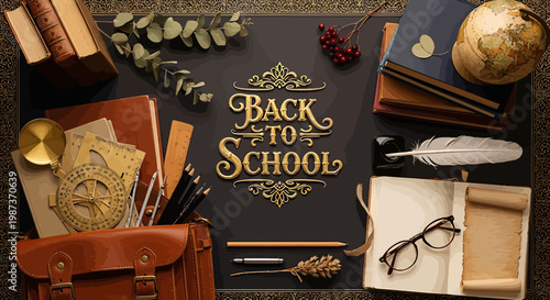 A classic overhead shot of a rustic wooden desk adorned with educational items, evoking a sense of nostalgia and academic pursuit