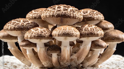 Developing Culinary Shiitake Fungi: Realistic Time-lapse on a Dark Studio Background
