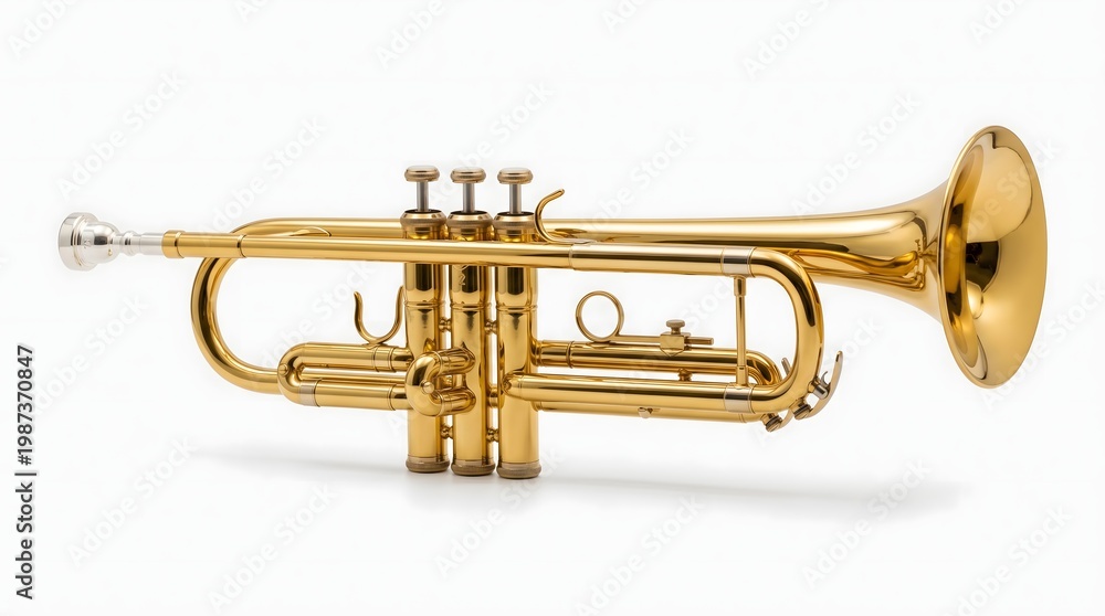 Obraz premium A shiny gold trumpet is displayed on a plain white background with a subtle shadow underneath the instrument