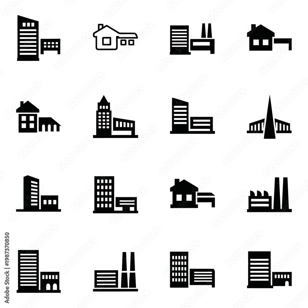 Fototapeta premium Set of 16 minimalist black building icons including residential houses, industrial factories, and commercial skyscrapers on white background.