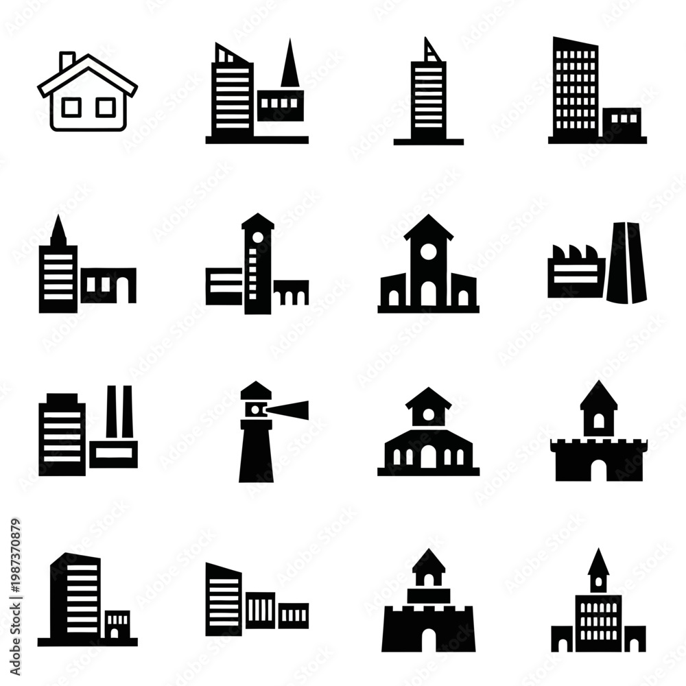 Fototapeta premium Collection of black building icons including house, factory, skyscraper, lighthouse, and castle isolated on white background