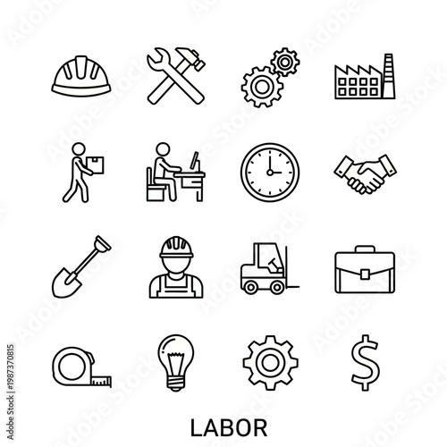 Set of Minimalist Labor and Industry Line Icons Representing Construction Manufacturing Office Work and Business Concepts