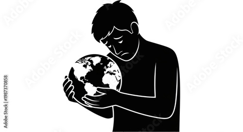 Black Silhouette Person Holding Earth Environmental Concern Minimal Vector Illustration